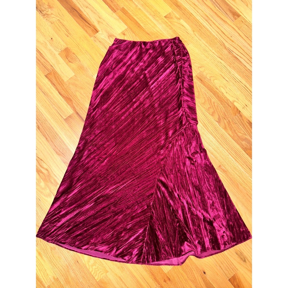 Free People Magenta Burgundy Crushed Velvet Maxi Skirt Asymmetric Seam Womens XS